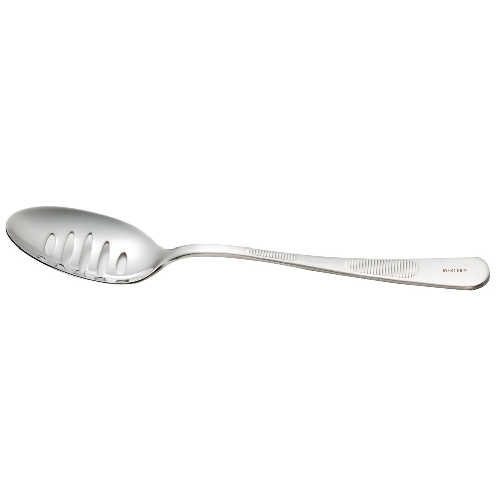 Mercer Culinary 7-7/8-Inch Stainless Steel Plating Spoon with Slotted Bowl, Silver