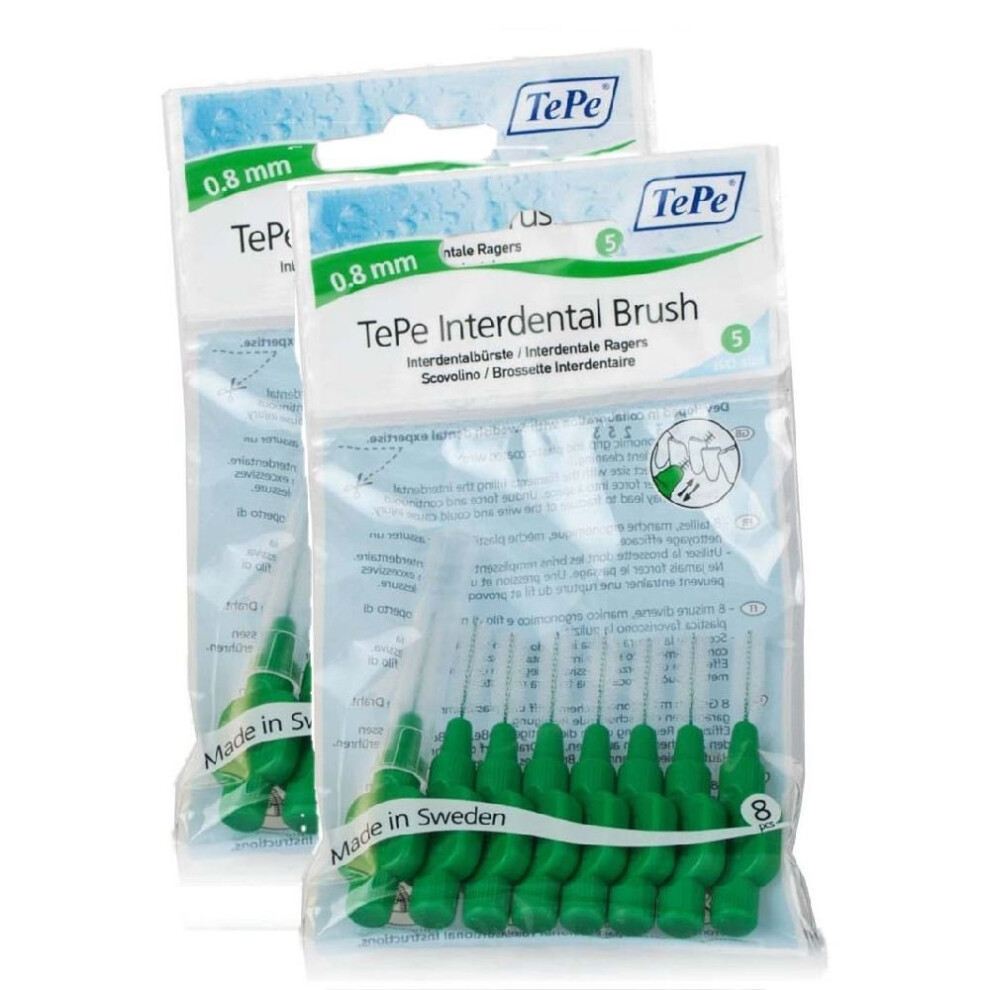 TEPE Interdental Brushes 0.8mm - 2 Packets of 8 (16 Brushes) Green