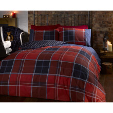 Argyle Single Quilt Duvet Cover and Pillowcase Reversible Bedding Bed Set, Tartan Check - Red