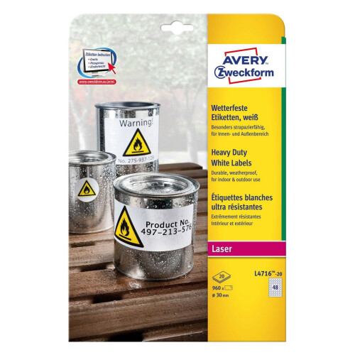 105599 - Avery (30mm) Heavy Duty Labels (White) 20 Sheets