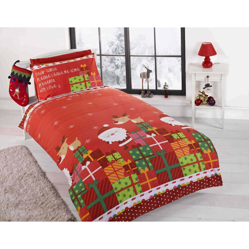 Christmas Presents Kids Xmas Santa Claus Quilt Duvet Cover and Pillowcase Bedding Bed Set, Multi-Colour, Single