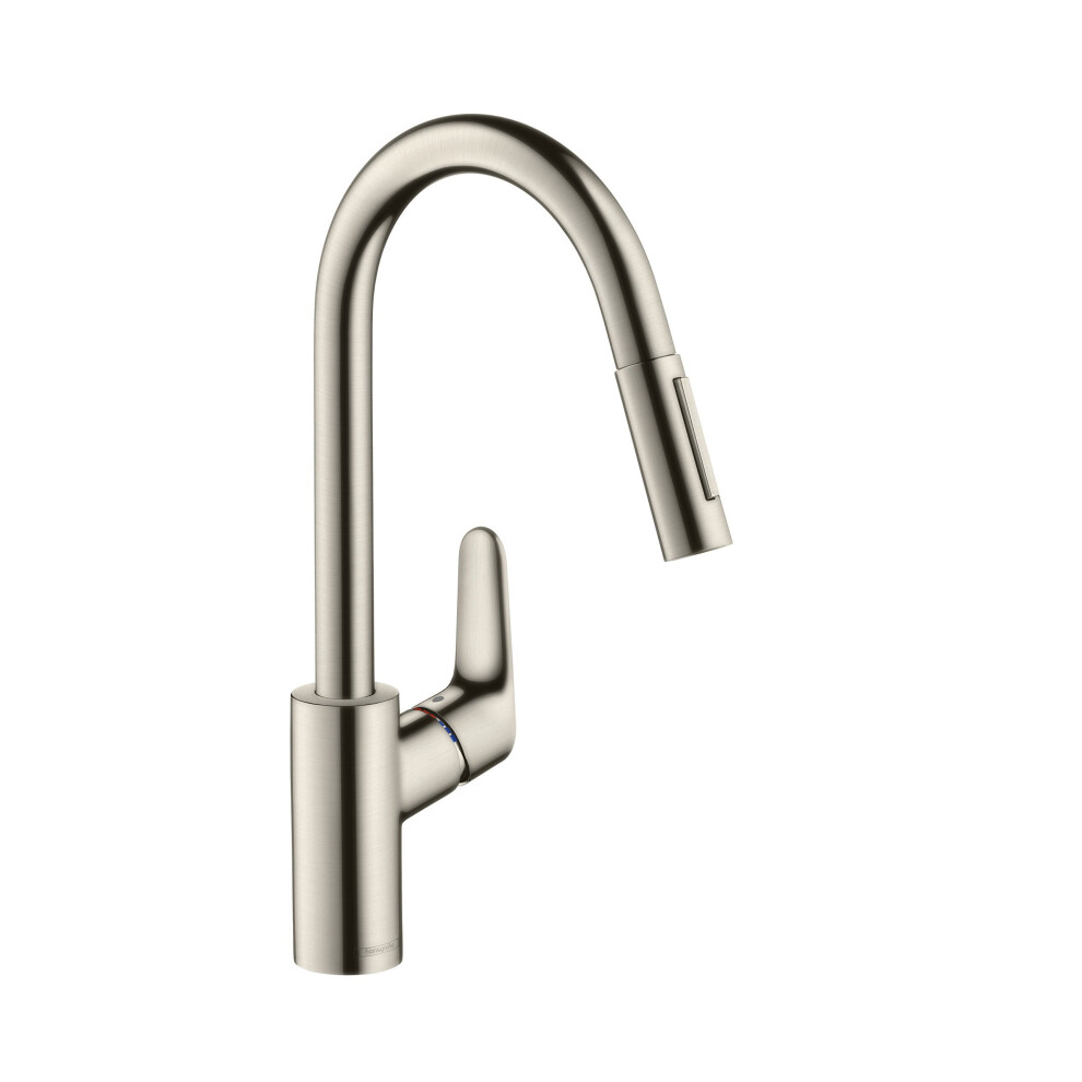 hansgrohe Focus kitchen tap, pull out spray and 150Â° swivel range, stainless steel