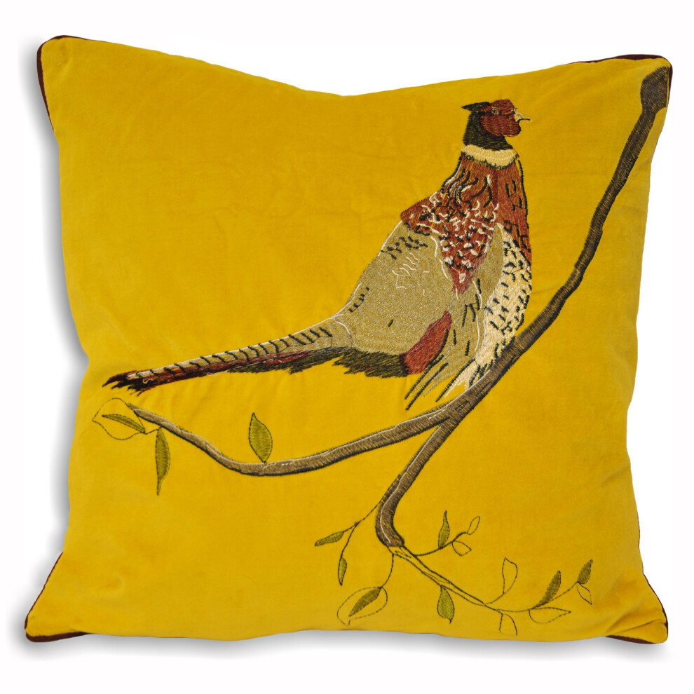 Riva Paoletti Hunter Velvet Cushion Cover - Mustard Yellow - Embroidered Pheasant Design - Velvet Feel Fabric - Plain Reverse - Contrasting Piped...