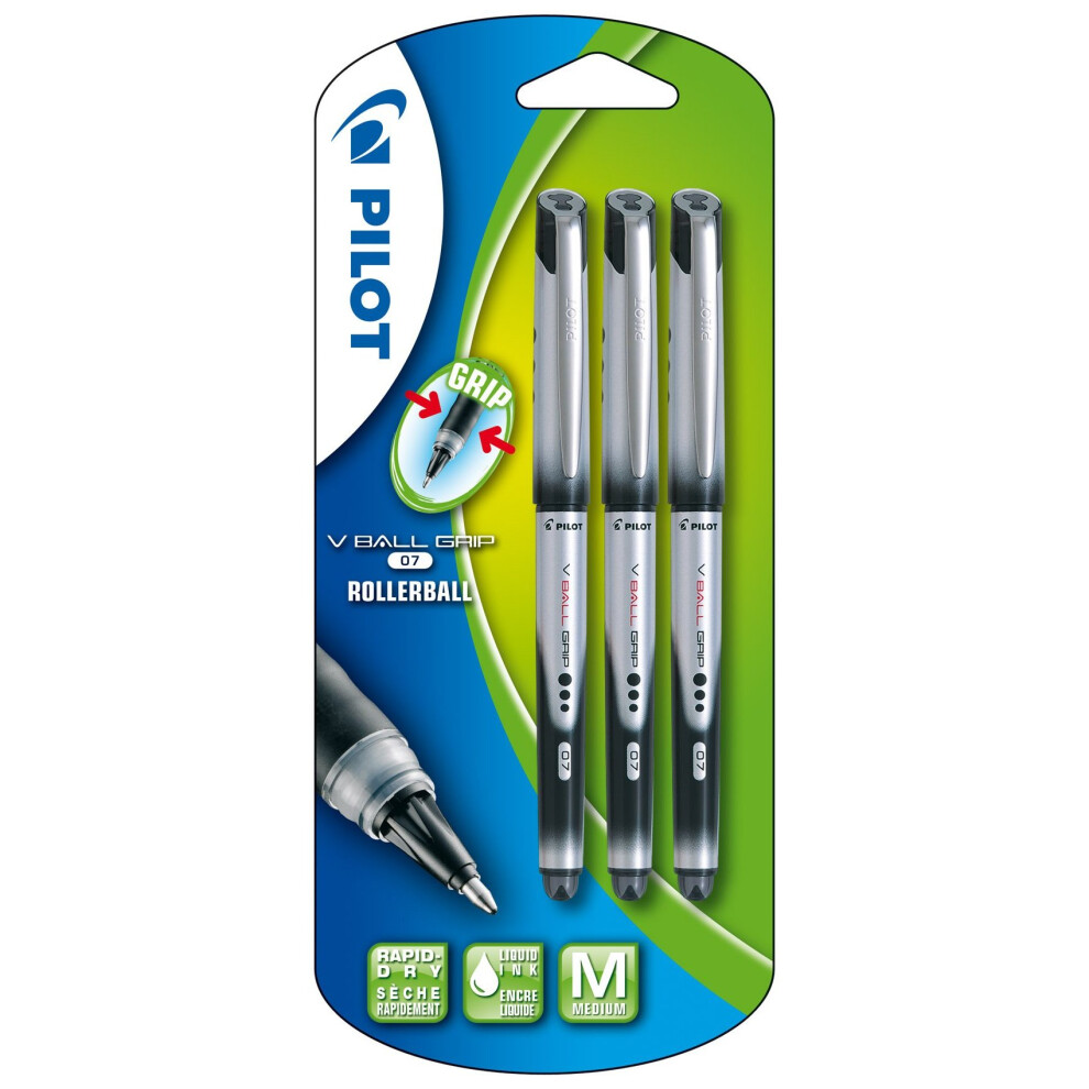 Pilot VBall 7 Grip Rollerball Pen- Black (Pack of 3)