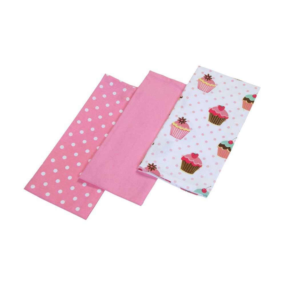 Homescapes - Pure Cotton Tea Towels Set of Three - Cup Cakes - Pink Blue - 50 x 70 cm - Fully Coordinated Washable Kitchen Linen
