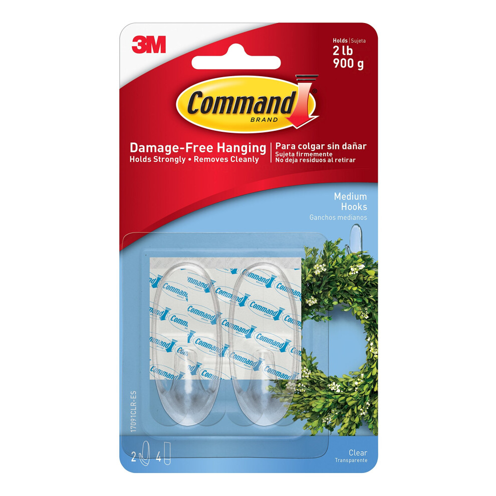 Command 17091CLR Medium Hooks with Strips - Clear, set of 2