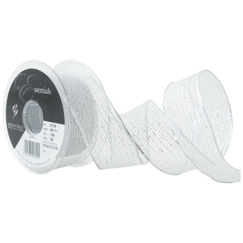 Berisfords 40 mm Wired Tinsel Mesh Ribbon, Silver