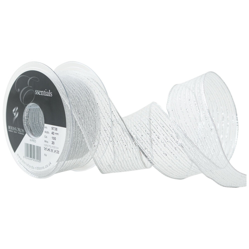 Berisfords 40 mm Wired Tinsel Mesh Ribbon, Silver