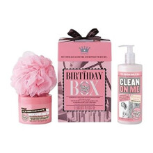 Soap & Glory The Birthday Box - Gel doccia Clean On Me, Burro corpo The Righteous Butter con burro di karit e spugna da doccia - Set regalo di c