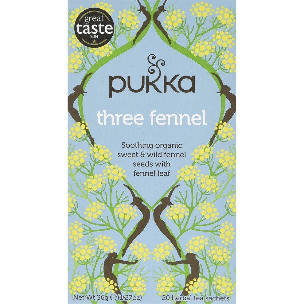 Pukka Herbs Three Fennel Herbal Tea - Organic Sweet & Bitter Fennel Seed and Fennel Leaf , Pack of 4 ( Total 80 Tea bags)