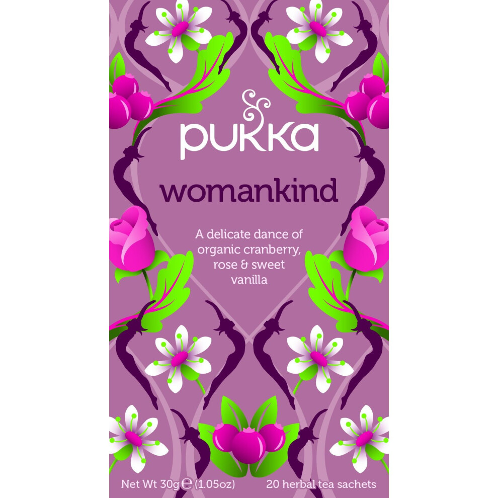 Pukka Womankind Herbal Tea Bags - Organic and Fair Shatavari, Cranberry & Rose Flower - Naturally Caffeine Free (Pack of 4)