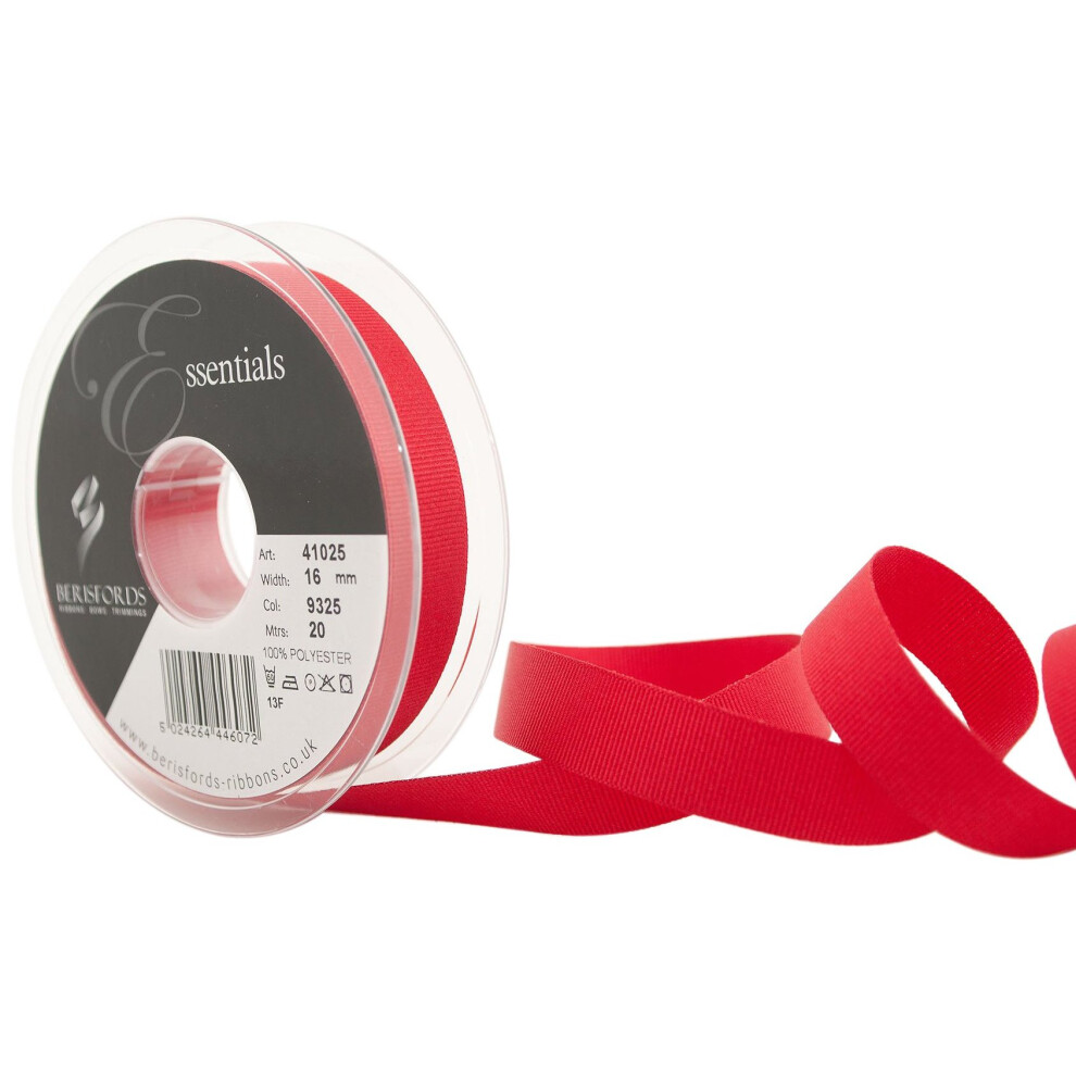 Berisfords 41025 20 m x 16 mm Polyester Grosgrain Ribbon, Red