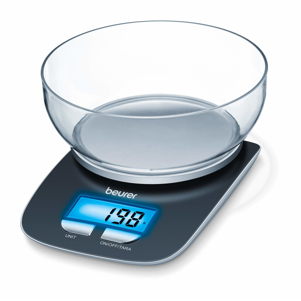 Beurer KS25 Kitchen Scales with Dishwasher-Safe 1.2L Bowl, Blue Backlit Display, 3kg/1g, Tare, kg/oz/lb/g (C-704.15)
