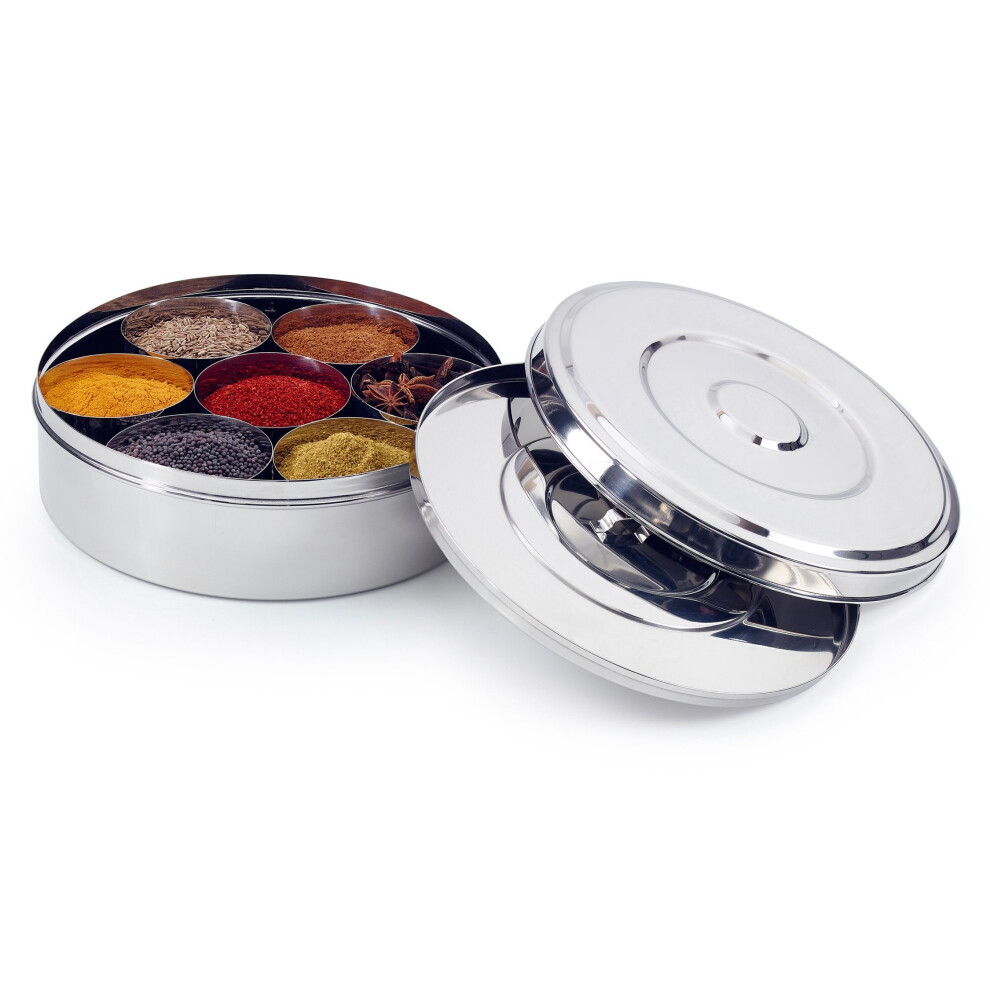 Zinel Spice Box/Masala Dabba with 7 Compartments and 2 Stainless Steel Lids, 18 cm