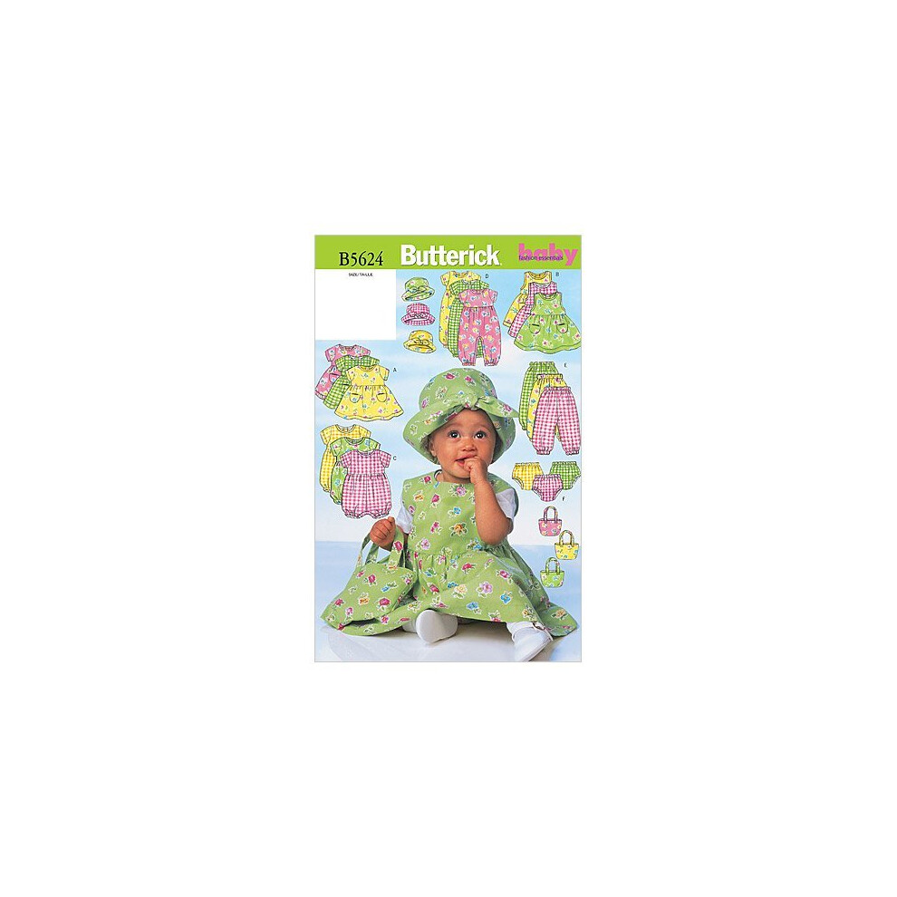 Butterick Patterns B5624 Size NB0 NB-Small-M Infants Dress Jumper Romper Jumpsuit Panties Hat and Bag, Pack of 1, White
