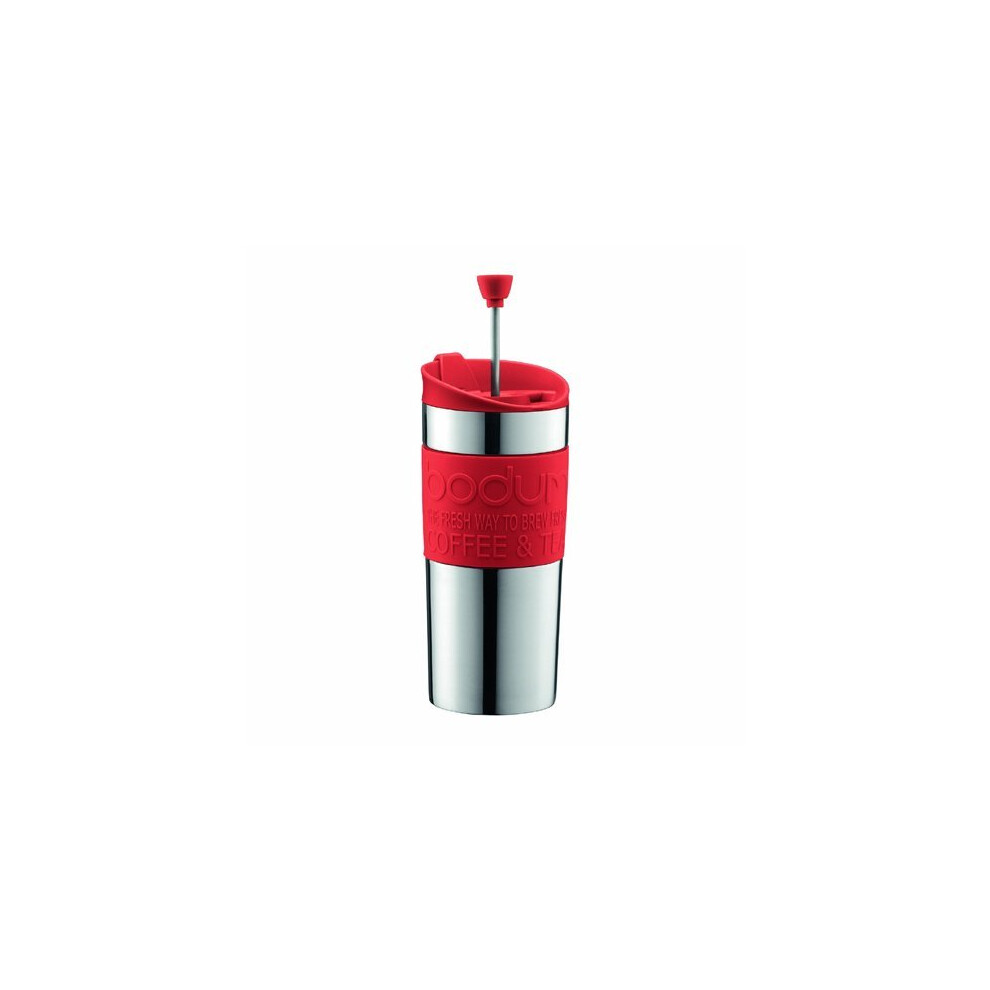 BODUM Travel French Press Coffee Maker Set, Stainless Steel with Extra Lid, Vacuum, 0.35 L/12 oz, Red