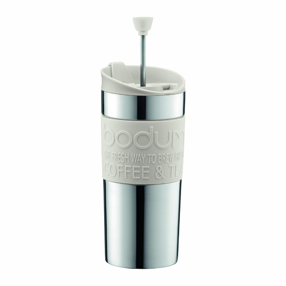 BODUM Travel French Press Coffee Maker Set, Stainless Steel with Extra Lid, Vacuum, 0.35 L/12 oz, White 