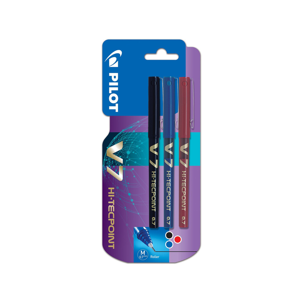 Pilot V7 Hi-Tecpoint Rollerball Pen, 0.7 mm Tip - Black/Blue/Red, Pack of 3