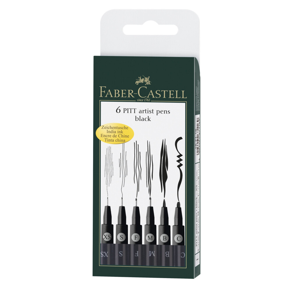 Faber-Castell F167116 Pitt Artist Pen Wallet of 6 with Assorted Tips - Black