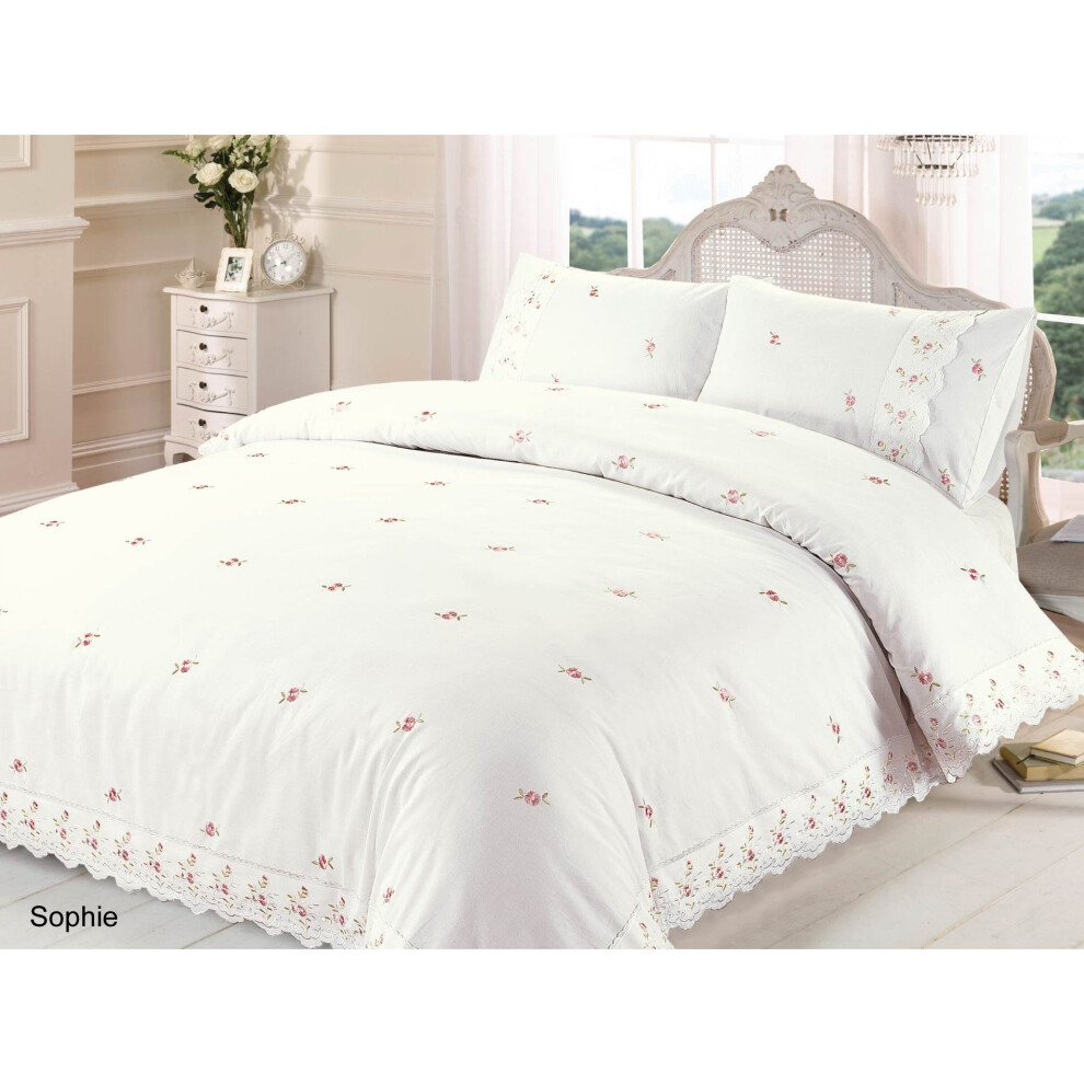 Sophie Floral Lace Trim Embroidered Duvet Quilt Cover Bedding Set, Polyester-Cotton, Cream, Double