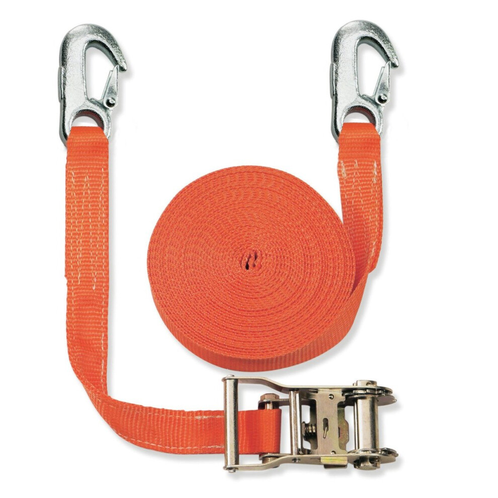 Braun Lashing Strap 2000 daN Two-Piece Colour Orange 6 m Long 35 mm Width with Ratchet and Carabiner Hooks