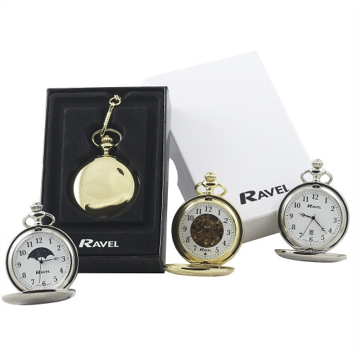 Ravel HUNTER FOB/POCKET WATCH-Chrome Lid/Chain/Clip-Gift Boxed-SILVER