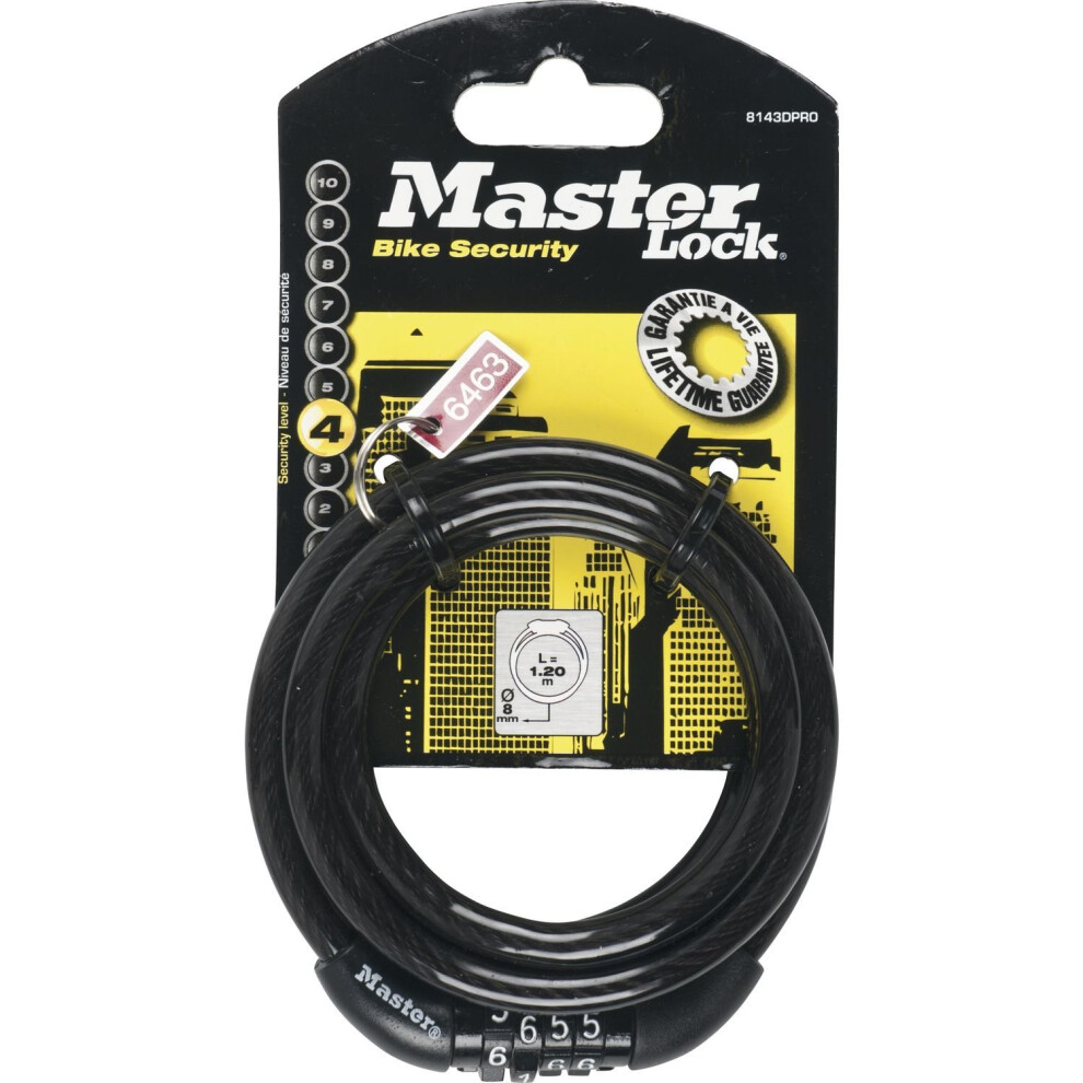 Master Lock 1,2m long x 8mm diameter fixed combination cable lock; black