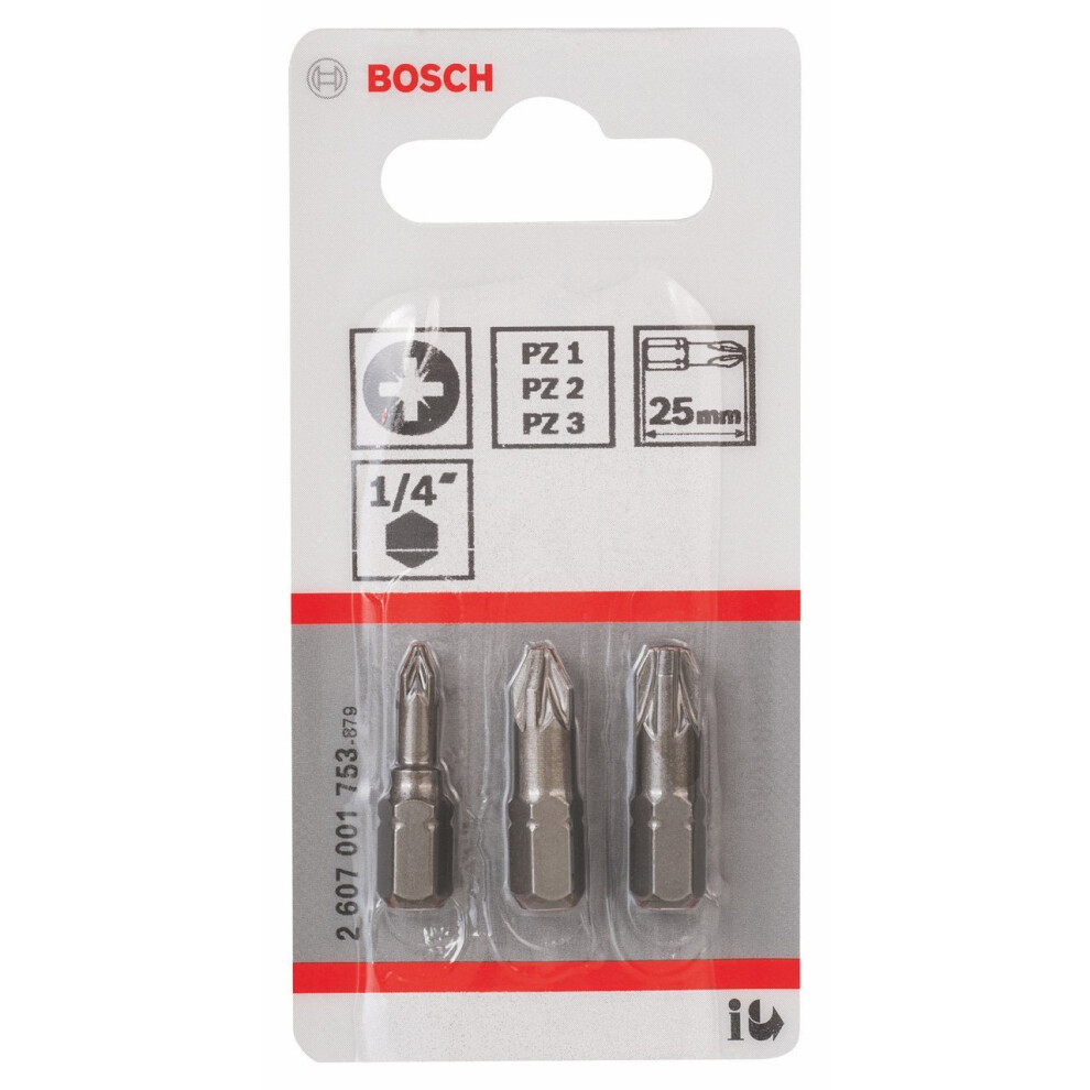 Bosch 2607001753 (2 607 001 753) 3-piece Screwdriver Bit Set, Extra Hard Version (Pz) Pz1; Pz2; Pz3;