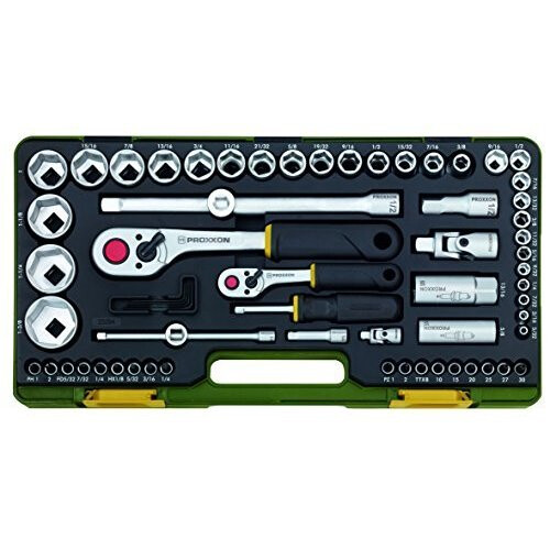 Proxxon Industrial Super-set Jogo de chaves de soquete em polegadas 1/4 (6.3 mm), 1/2 (12.5 mm) 65 peças 23294