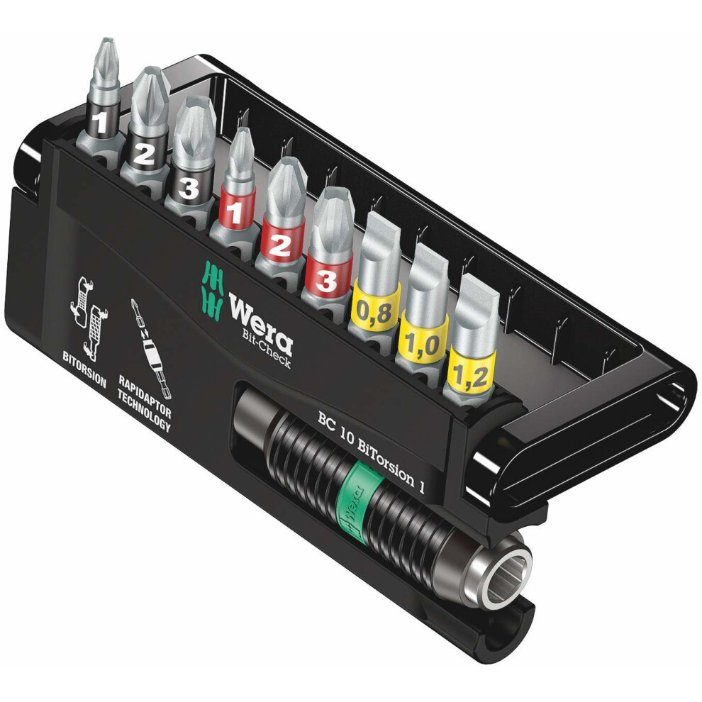 Wera 05056374001 Bit-Check Set 8700-9/BTZ BiTorsion Extra-tough with Rapidaptor for Drill/Drivers, Metal Jointing, SL, PZ, PH 10pc