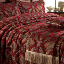 Shiraz Throw Bed Runner - Burgundy Red and Gold - Embroidered Damask Jacquard - Gold Twisted Loop Fringing - Non-Slip Lining - 100% Polyester - 130...