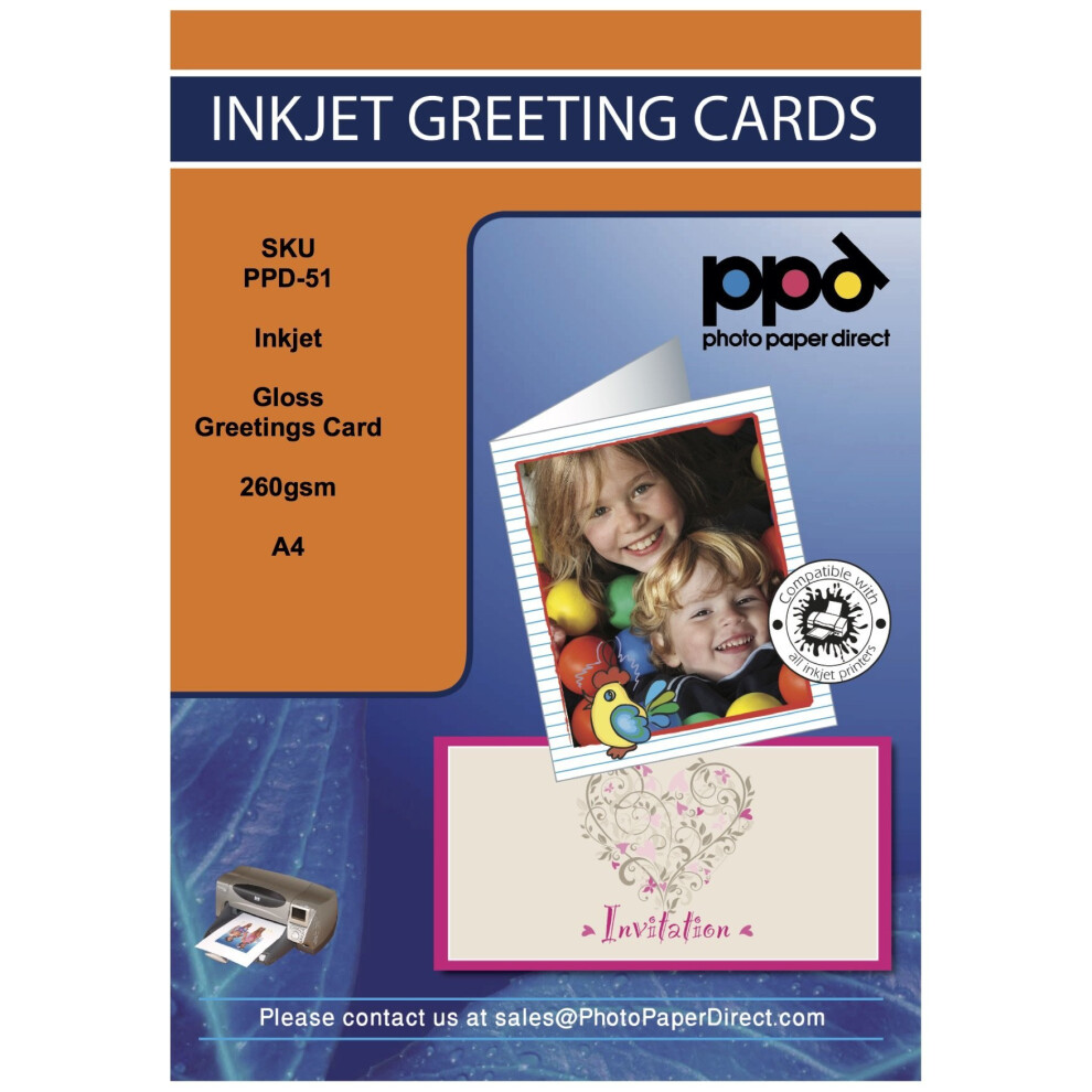 PPD Inkjet Gloss Greeting Card Paper Super Heavyweight A4 to A5 260gsm With Envelopes x 50 Sheets PPD-51-ENV-50