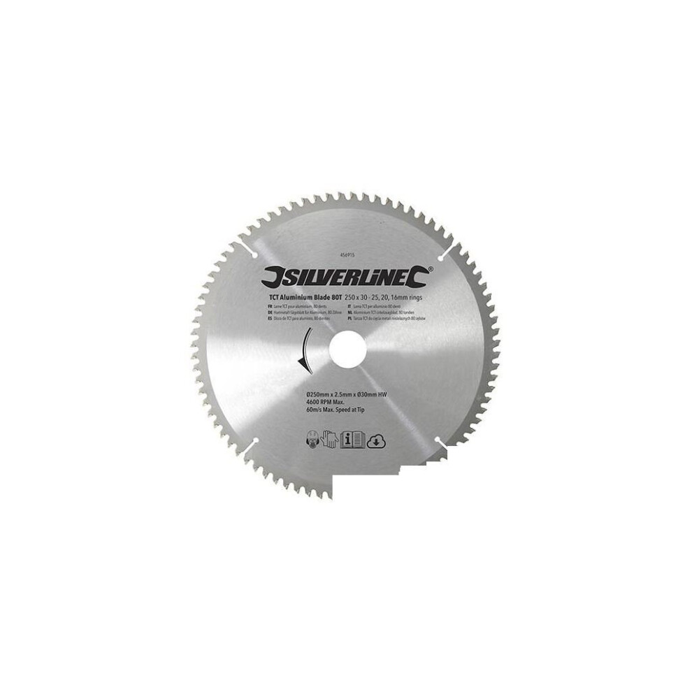 Silverline 456915 TCT Aluminium Blade 80T, 250 x 30 - 25, 20, 16 mm rings