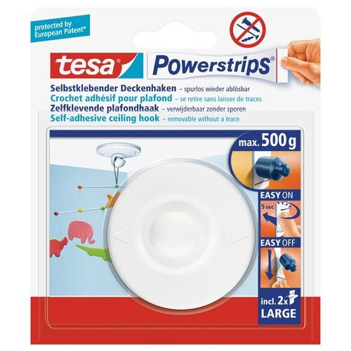 tesa UK Powerstrips Ceiling Hook with Removable Adhesive Strips - White