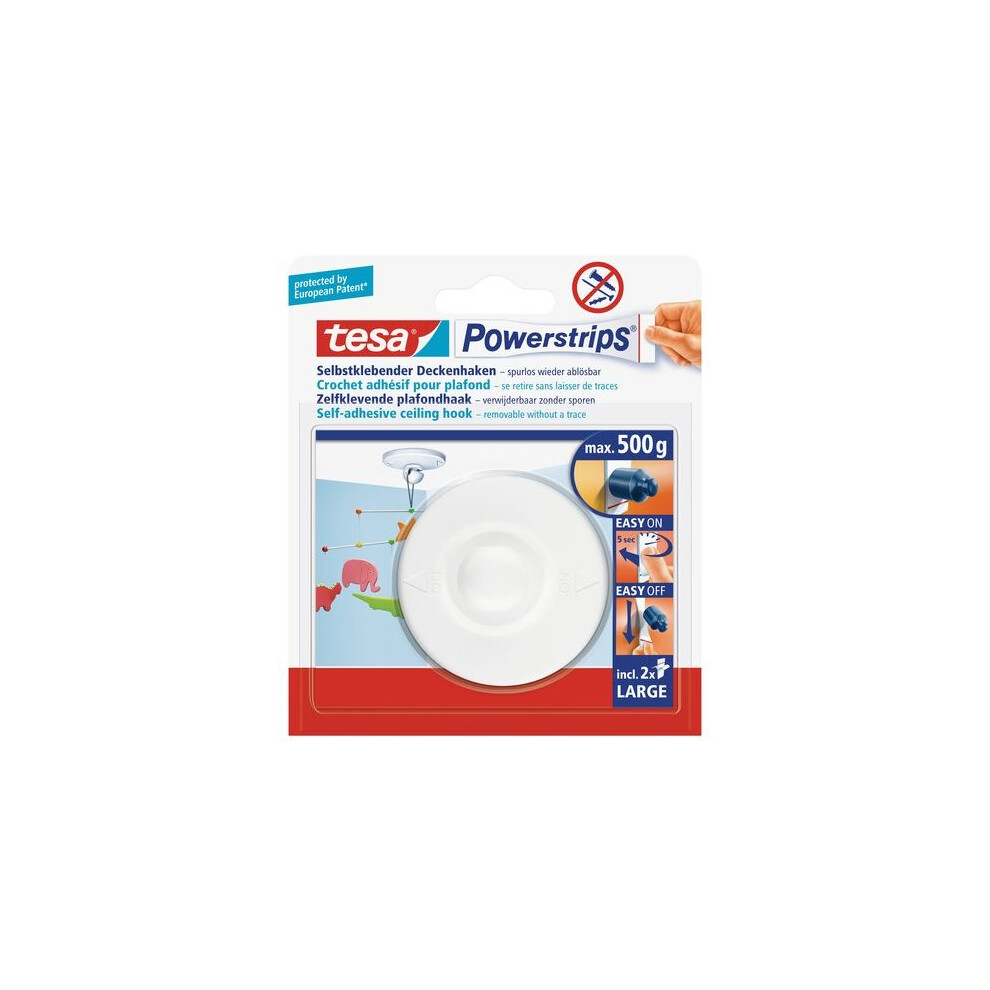 tesa UK Powerstrips Ceiling Hook with Removable Adhesive Strips - White