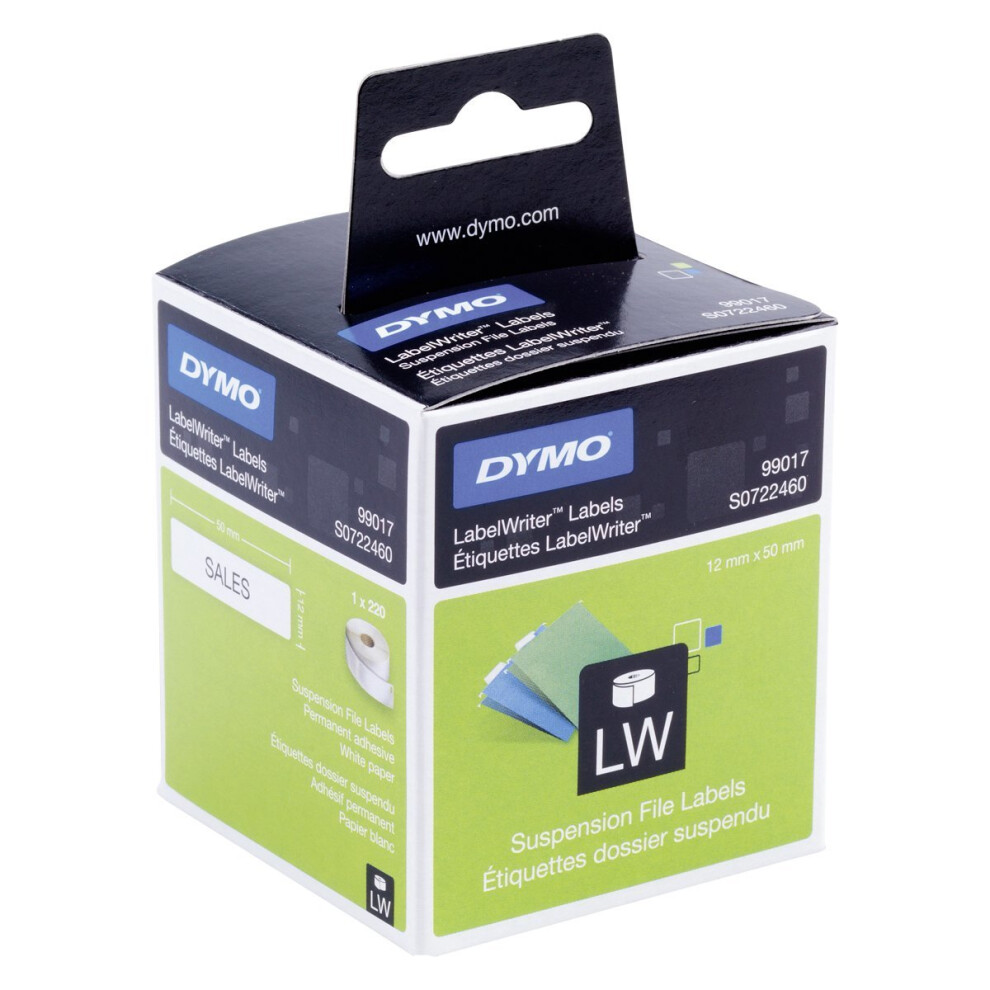 Dymo S0722460 LabelWriter Suspension File Labels, Permanent, 12 x 50 mm, Roll of 220 - Black Print on White