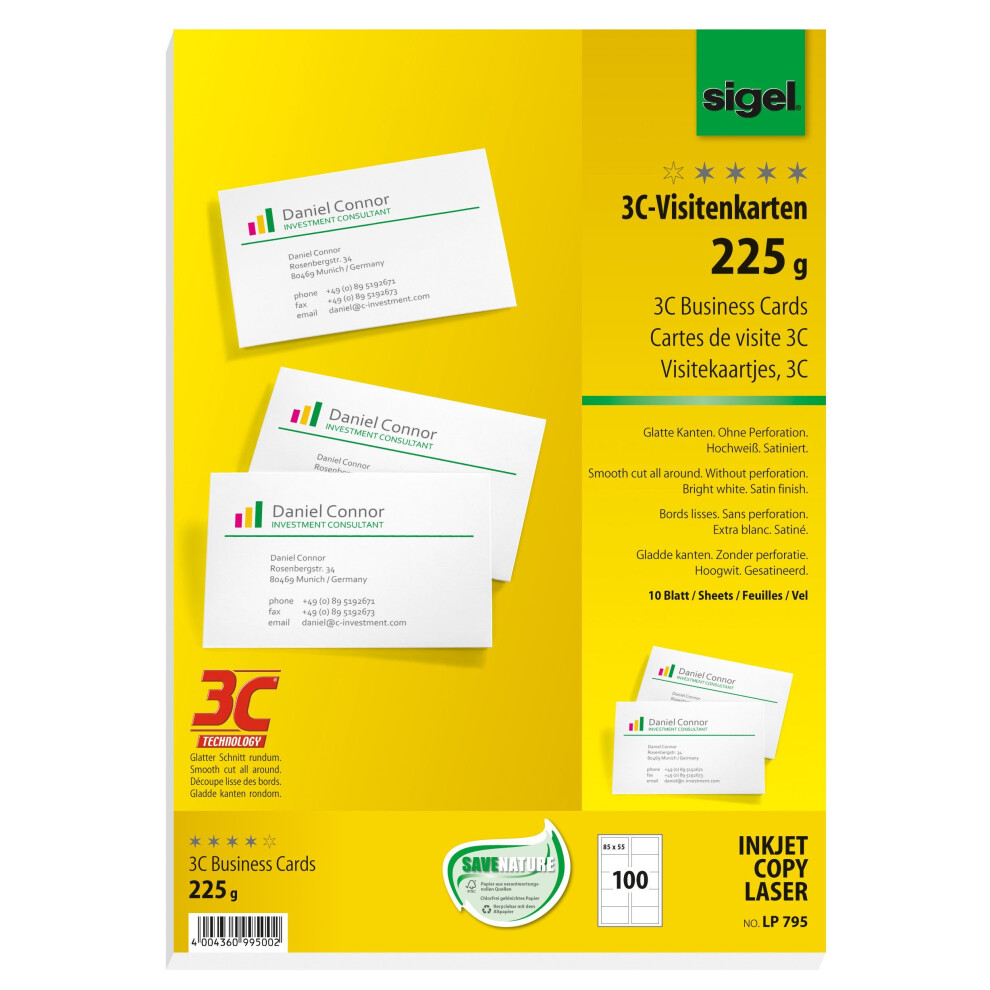 Sigel LP795 225 gsm A4 85x55mm 3C Bright White Business Cards - 100 pcs