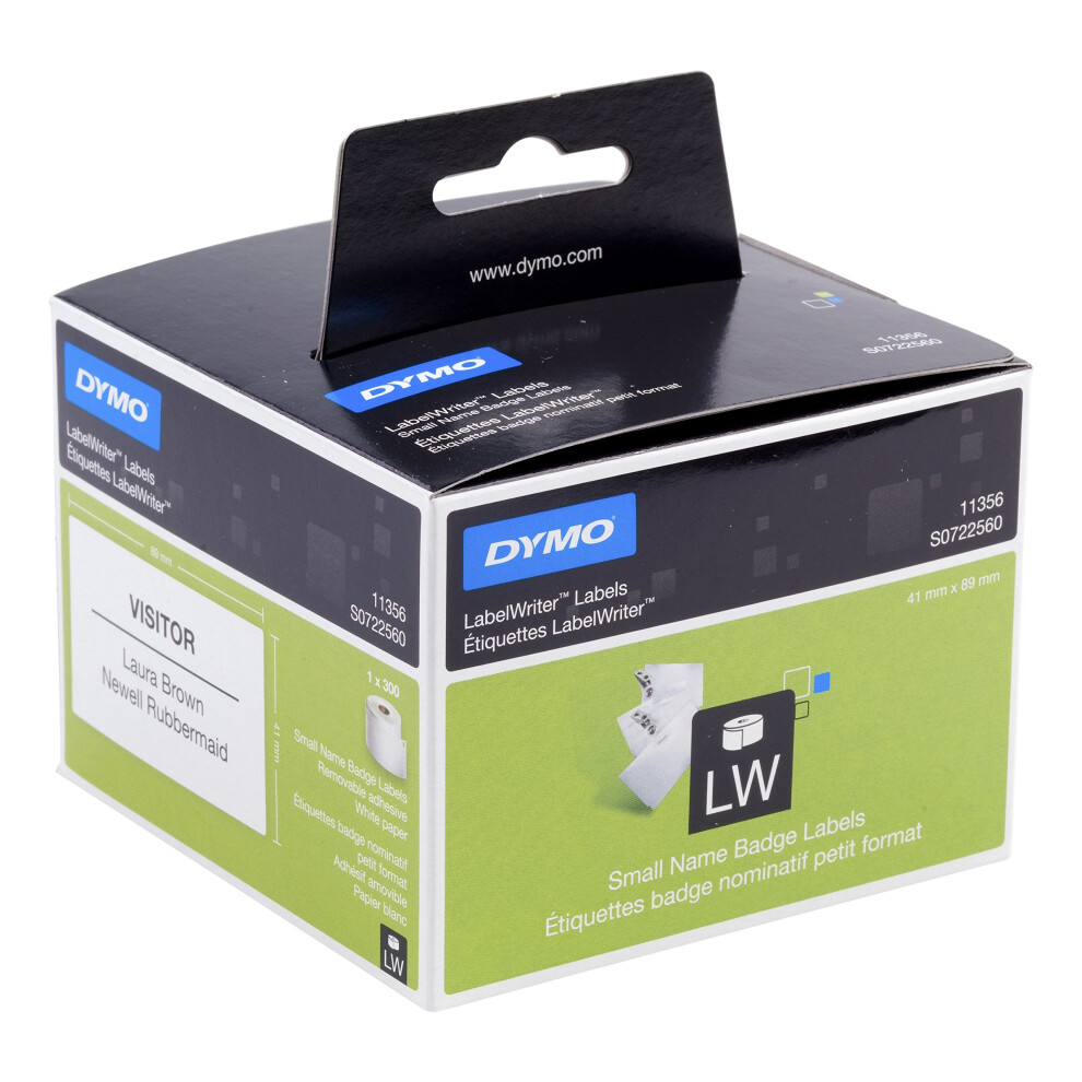 Dymo S0722560 LabelWriter Small Name Badge Labels, 41 x 89 mm, Roll of 300 - Black Print on White