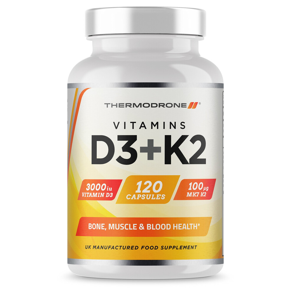 Vitamin D3 and Vitamin K2-3,000 IU D3 & Vitamin K2 100ug MK7-120 Vegetarian Capsules - UK Made Premium Quality - Vitamin D Supplement - Bone,...