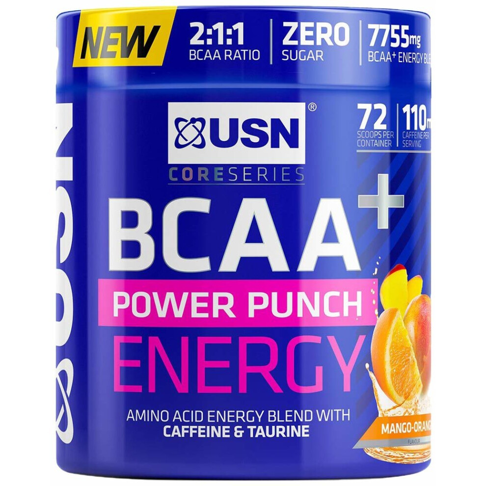 USN Bcaa Power Punch + Energy, Amino Acid Energy Blend with Caffeine and Taurine, Mango-Orange, 400 g