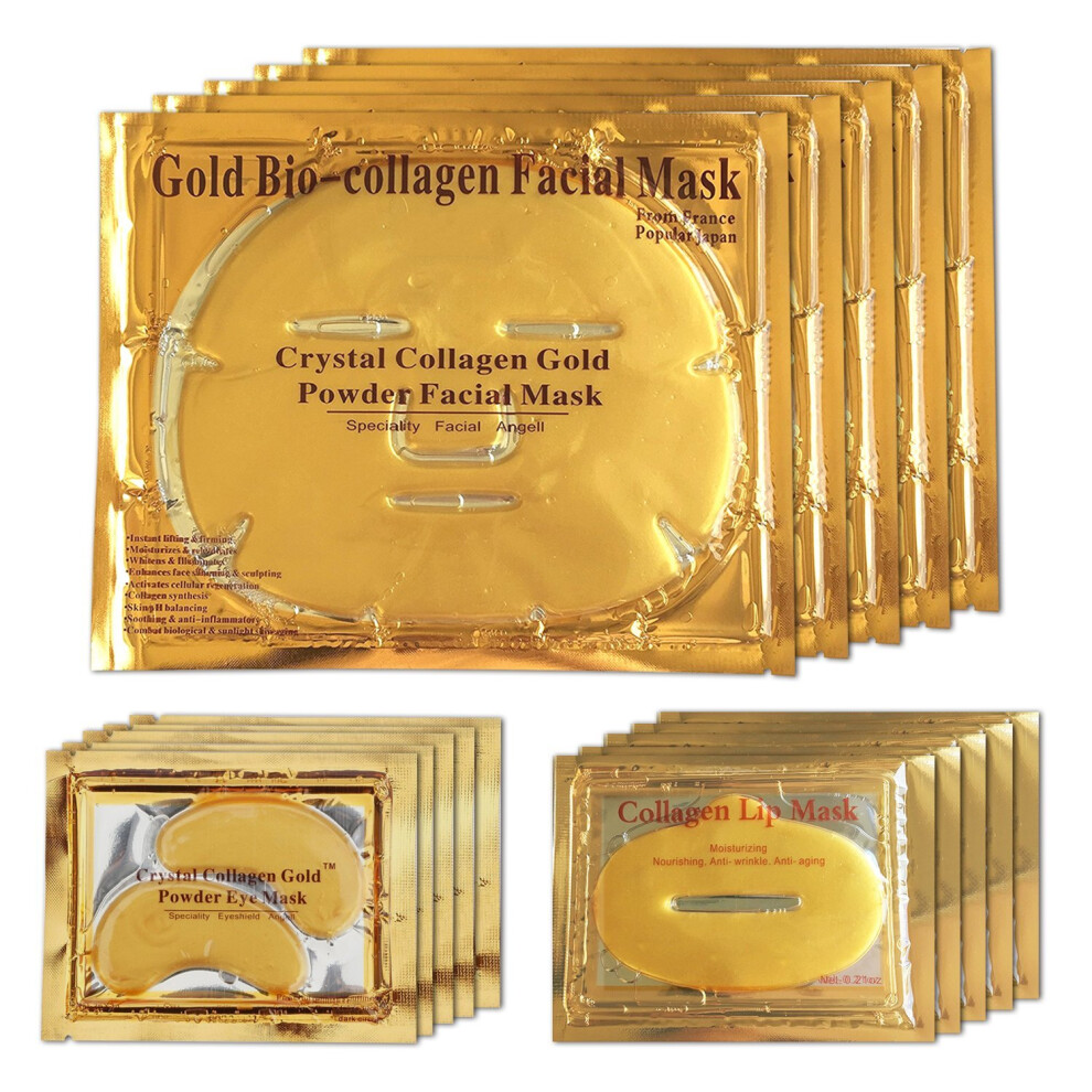 24K Gold Bio Collagen Crystal Face Mask + Eye Mask + Lip Mask, Anti ageing Skin Care (5pairs/set)