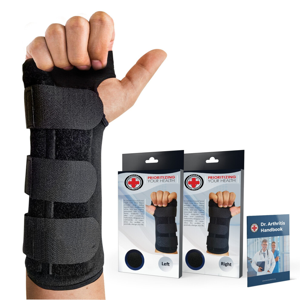 Dr.-Arthritis Doctor Developed Carpal Tunnel Night Wrist Brace & Wrist Support [Single] (With Splint) & Doctor Written Handbook - Fully Adjustable To Fit Any...