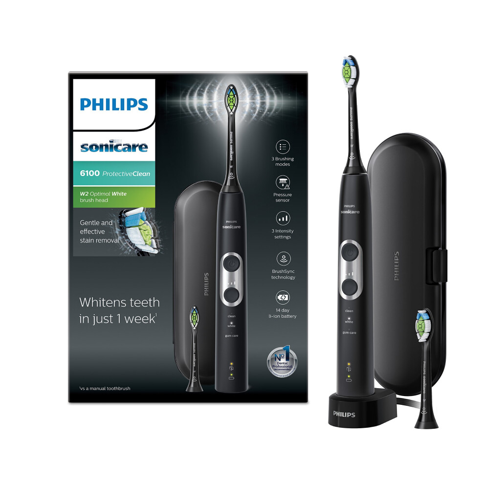 Philips Sonicare ProtectiveClean 6100 Electric Toothbrush with Travel Case, 3 x Cleaning Modes, 3 Intensities & Additional Toothbrush Head - Black...