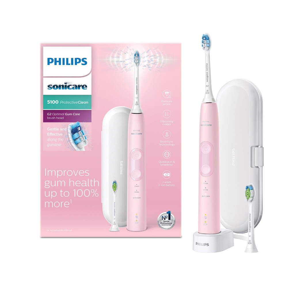 Philips Sonicare ProtectiveClean 5100 Electric Toothbrush with Travel Case, 3 x Cleaning Modes & Additional Toothbrush Head - Pastel Pink (UK 2-pin...