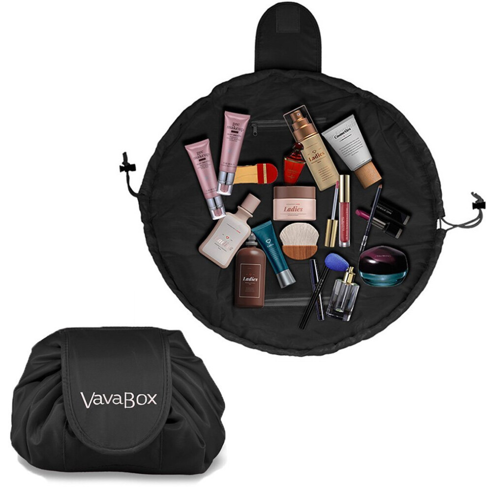 Vavabox Black Lazy Drawstring Make Up Bag Portable Large Travel Cosmetic Bag Pouch Travel Makeup Pouch Storage Organiser For Women Girl (Black)