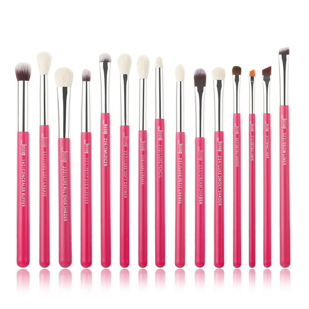 Jessup Brand 15pcs Eyeliner Makeup Brush Tool Kit Beauty Eye shadow Lipstick Pencil Fiber hair Brushes Set Rose carmin/Silver T197