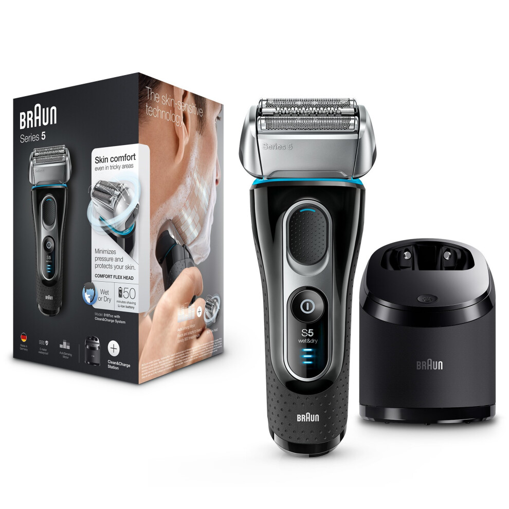 Braun Series 5 5197cc Men's Electric Foil Shaver, Wet and Dry with Clean and Charge Station, Rechargeable and Cordless Razor