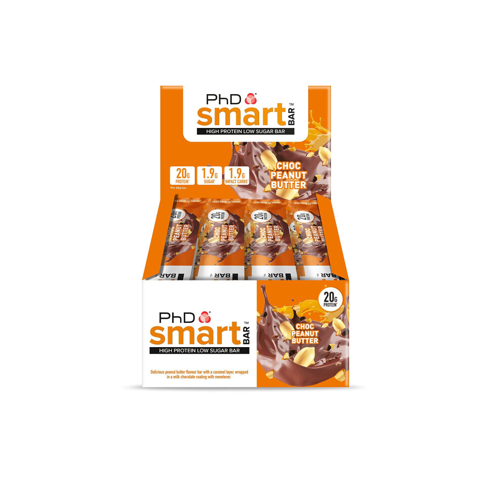 PhD Smart Bar-High Protein Low Sugar Bar, Chocolate Peanut Butter, 64 g, Pack of 12