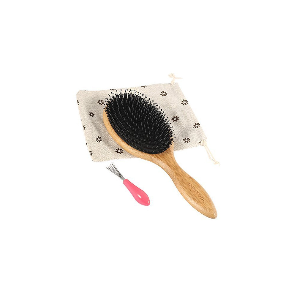 BESTOOL Hair Brush-Boar Bristle Hair Brushes Natural Bamboo Wooden Cushion Massage Anti Static Large Paddle Hairbrush for Women Men and Kid (Round)