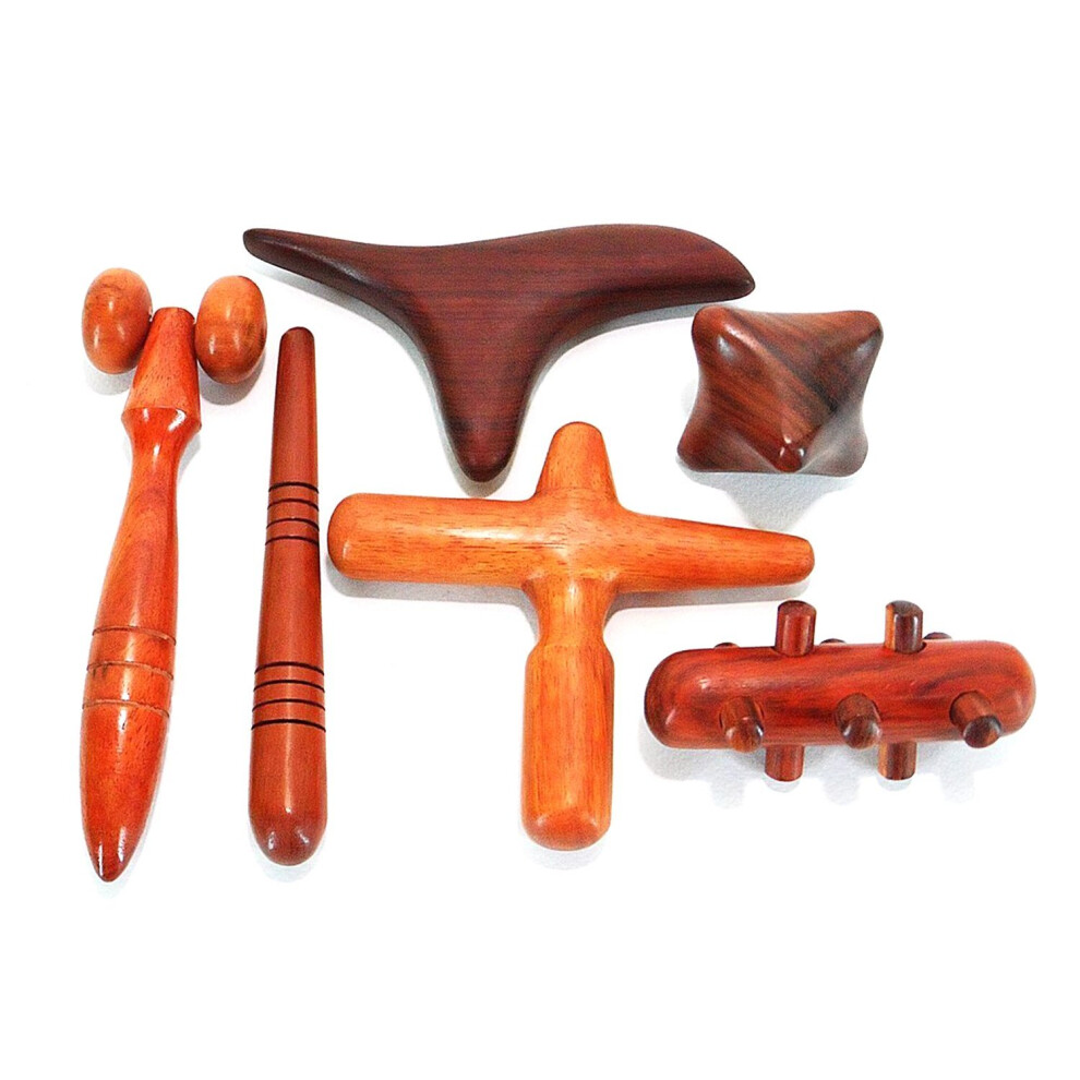 Set 6 Pcs. Reflexology Traditional Thai Massage Wooden Stick Tool Hand Head Foot Face Body Massage Tool Massager Red Wood